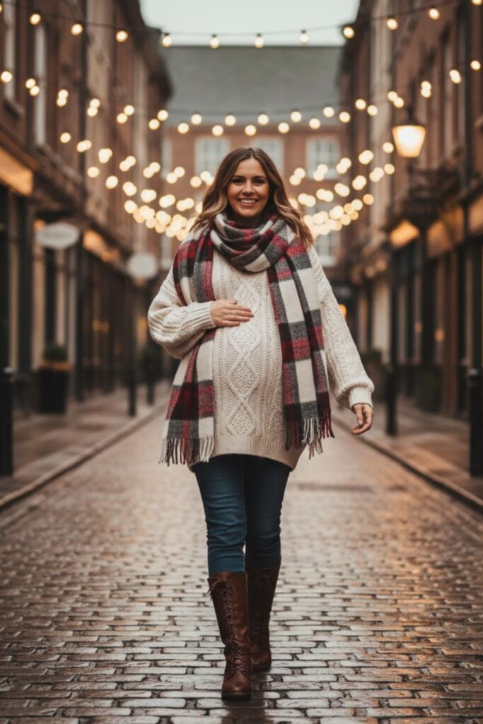 15. Sweater and Scarf Combo with Maternity Jeans
