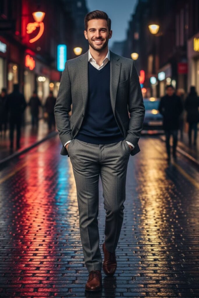 15. V-Neck Sweater with Blazer and Trousers