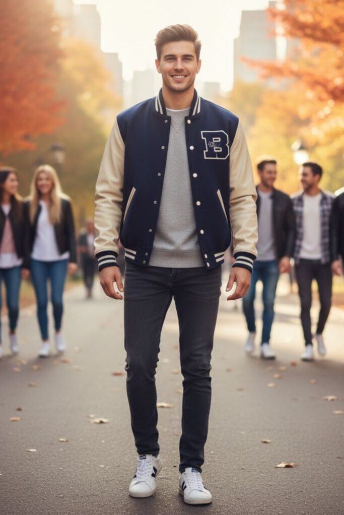 15. Varsity Jacket with Jeans