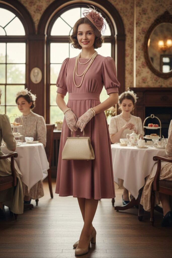 15. Vintage-Inspired Dress with Gloves and Pearls