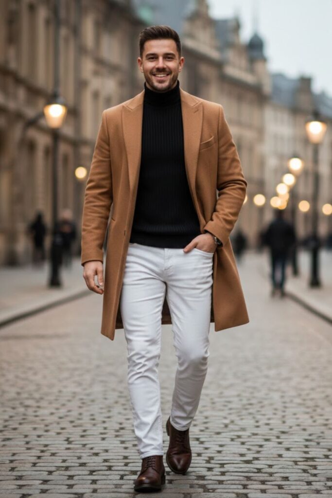 15. White Pants with Camel Coat