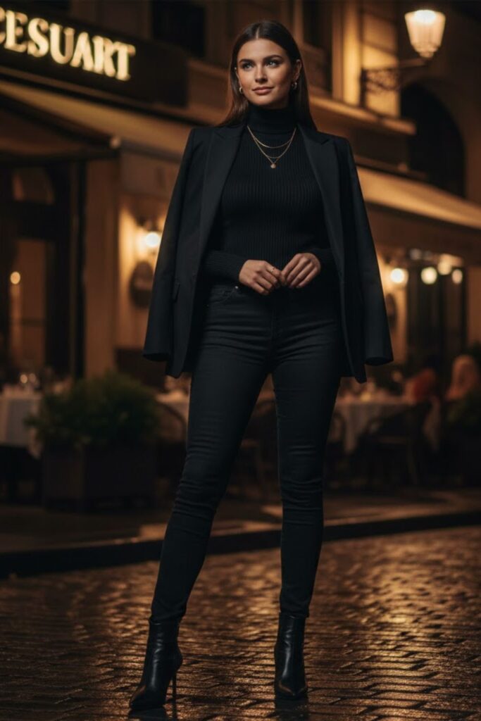 16. Black Jeans with Turtleneck, Blazer, and Heels