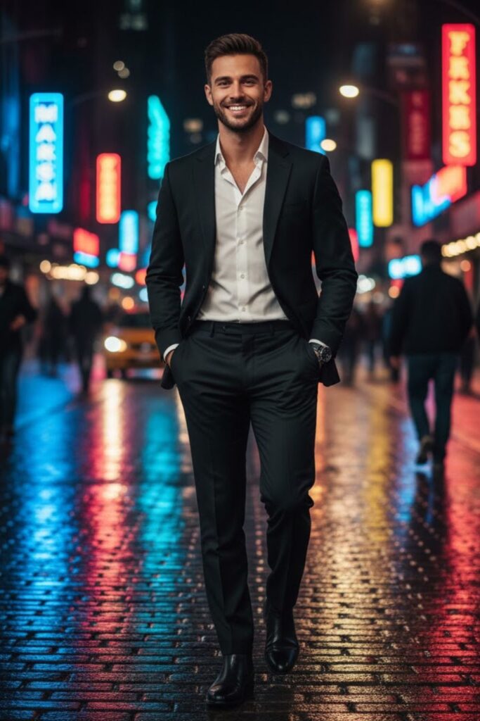 16. Black Suit with Toned-Down Accessories
