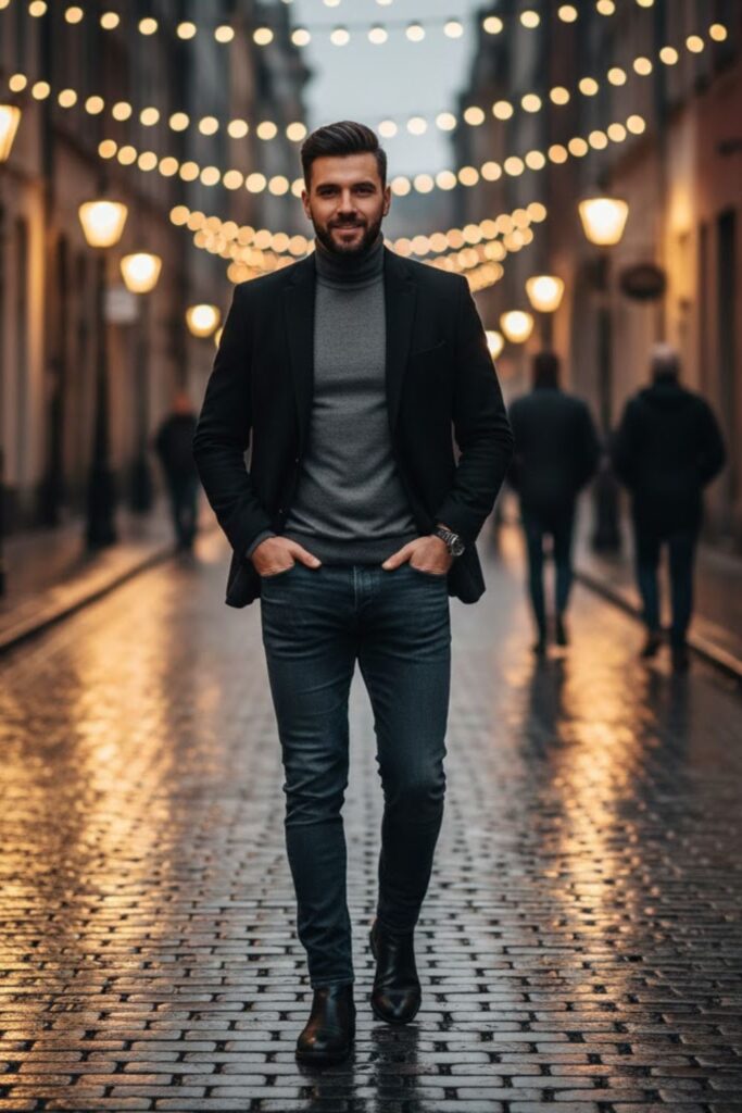 16. Blue Jeans with Turtleneck Sweater