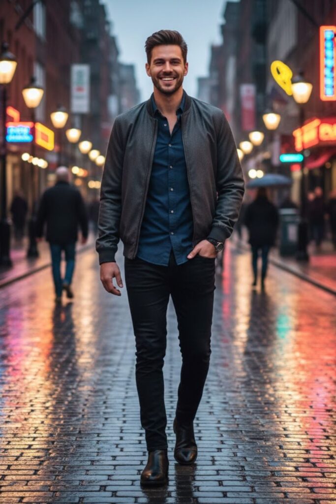 16. Blue Shirt with a Bomber Jacket and Slim Jeans