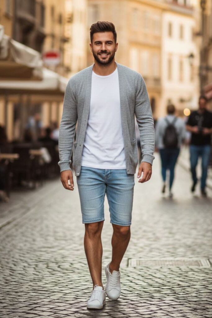 16. Cardigan with Light Wash Jorts