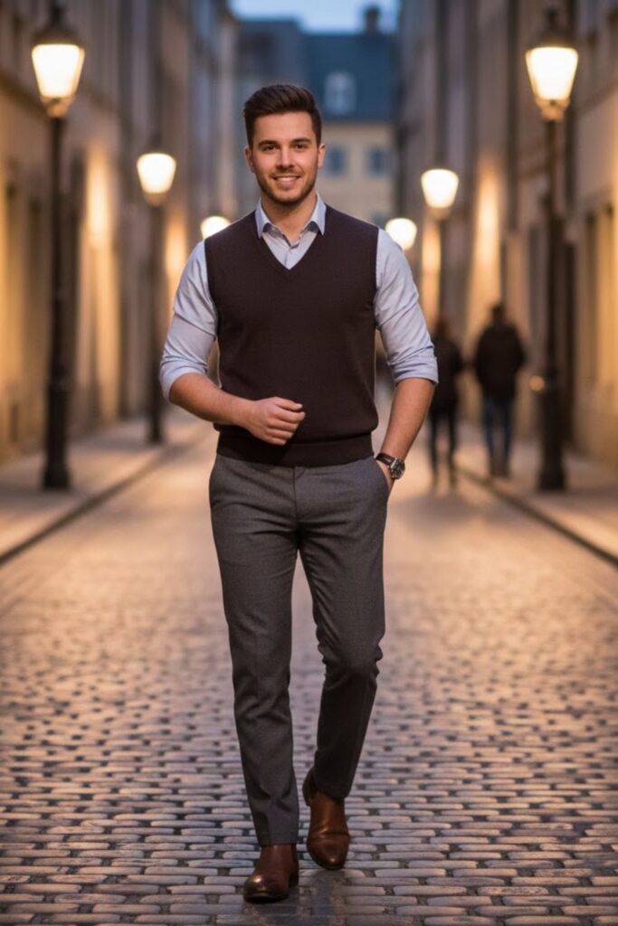 16. Chelsea Boots with Dress Shirt and Knit Vest