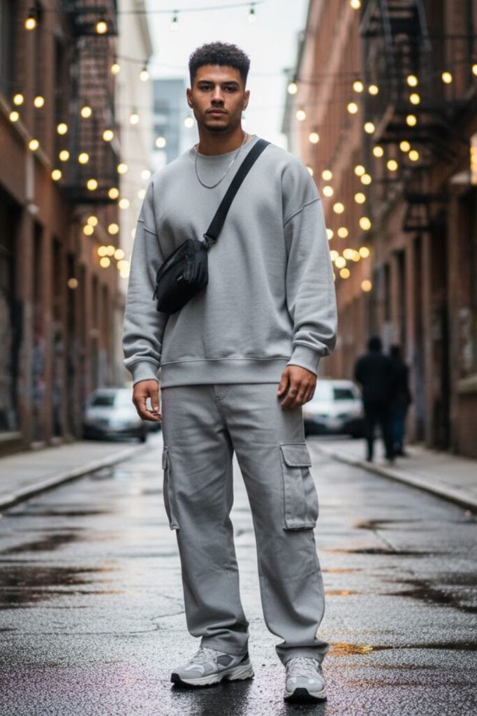 16. Grey Cargo Pants with Oversized Sweatshirt
