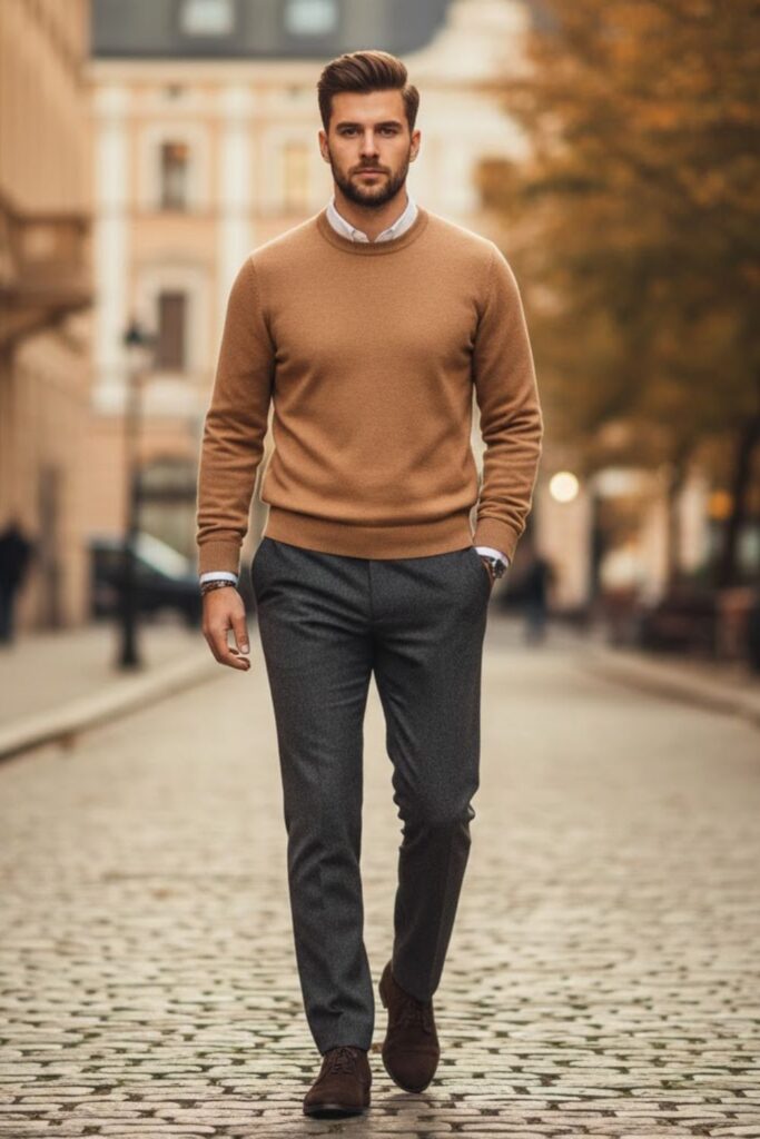 16. Grey Suit Trousers with Knit Sweater