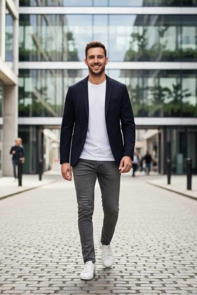 16. Grey Trousers with Blazer and T-Shirt