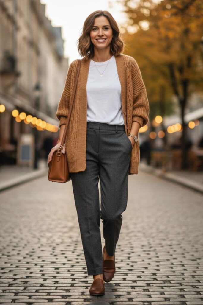 16. Grey Trousers with Cardigan and Tee