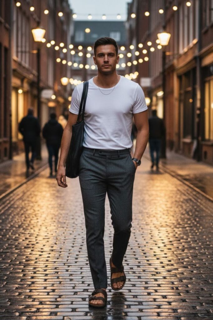 16. Minimal Tee, Tailored Trousers, and Sleek Birkenstocks