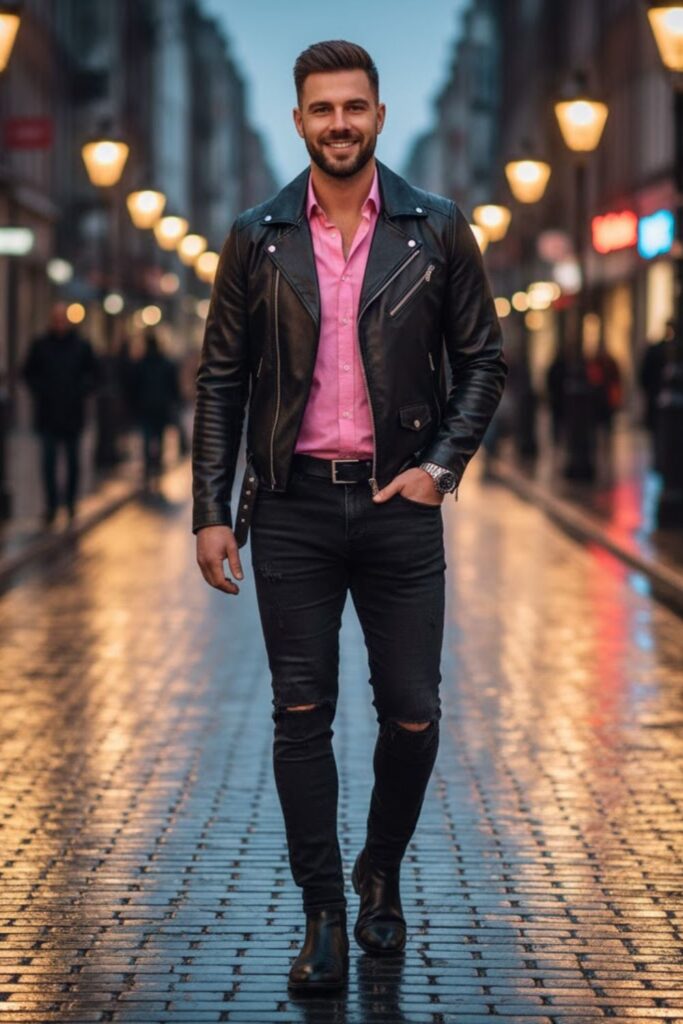 16. Pink Shirt with a Black Leather Jacket