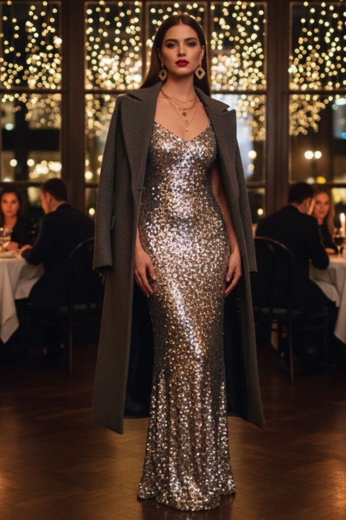 16. Sequin Dress with Long Coat