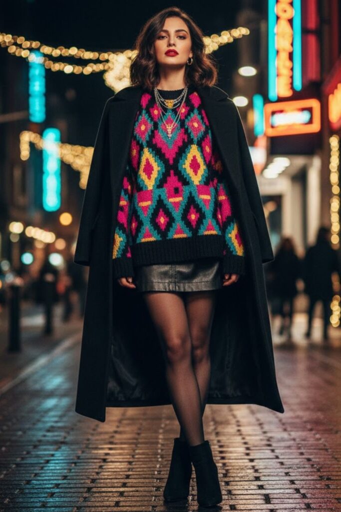 16. Statement Sweater with Mini Skirt and Coat
