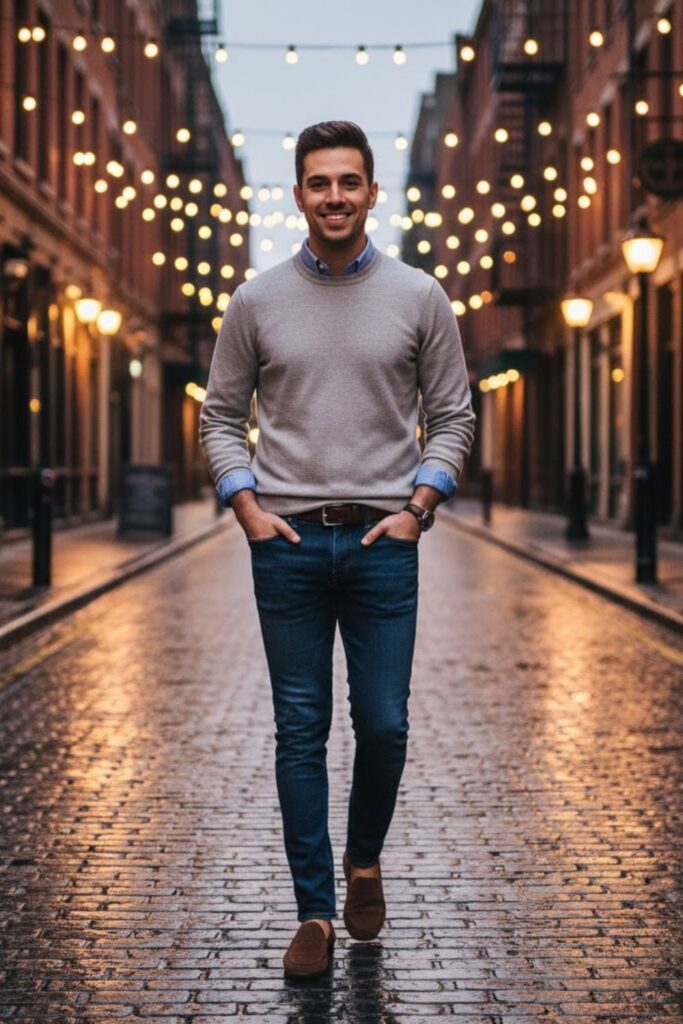 16. Sweater with Collared Shirt and Denim