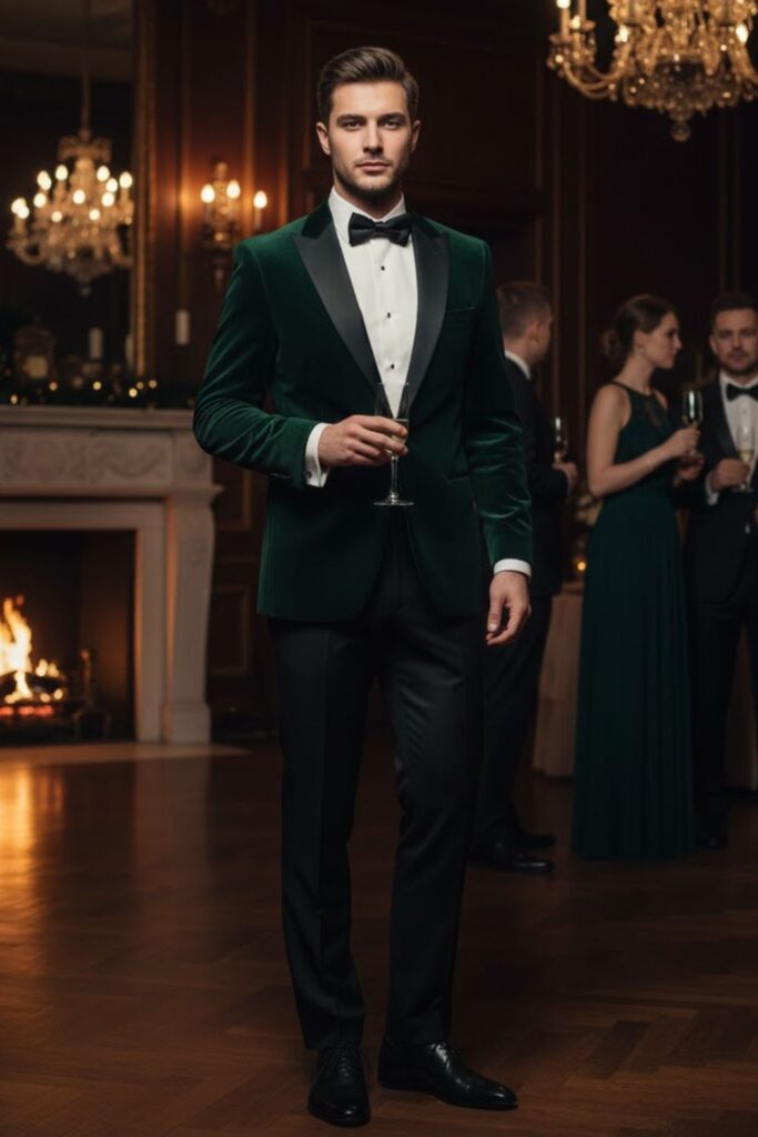 16. The Dark Green Velvet Blazer with Black Trousers