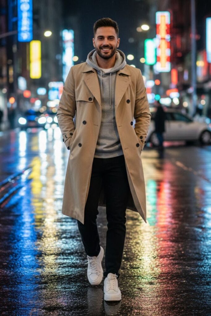 16. Trench Coat with Hoodie and Straight-Leg Pants