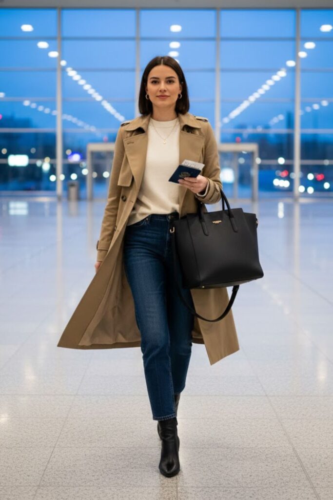 16. Trench Coat with Sweater and Cropped Jeans