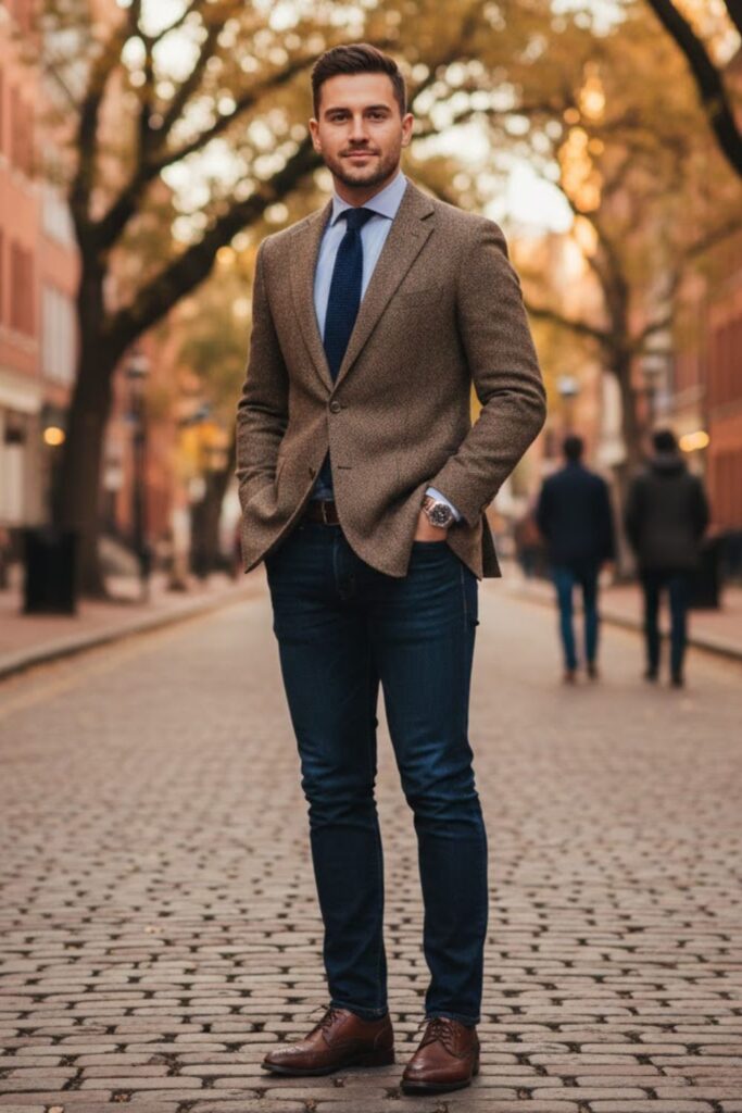 16. Tweed Blazer with Dress Shirt and Jeans