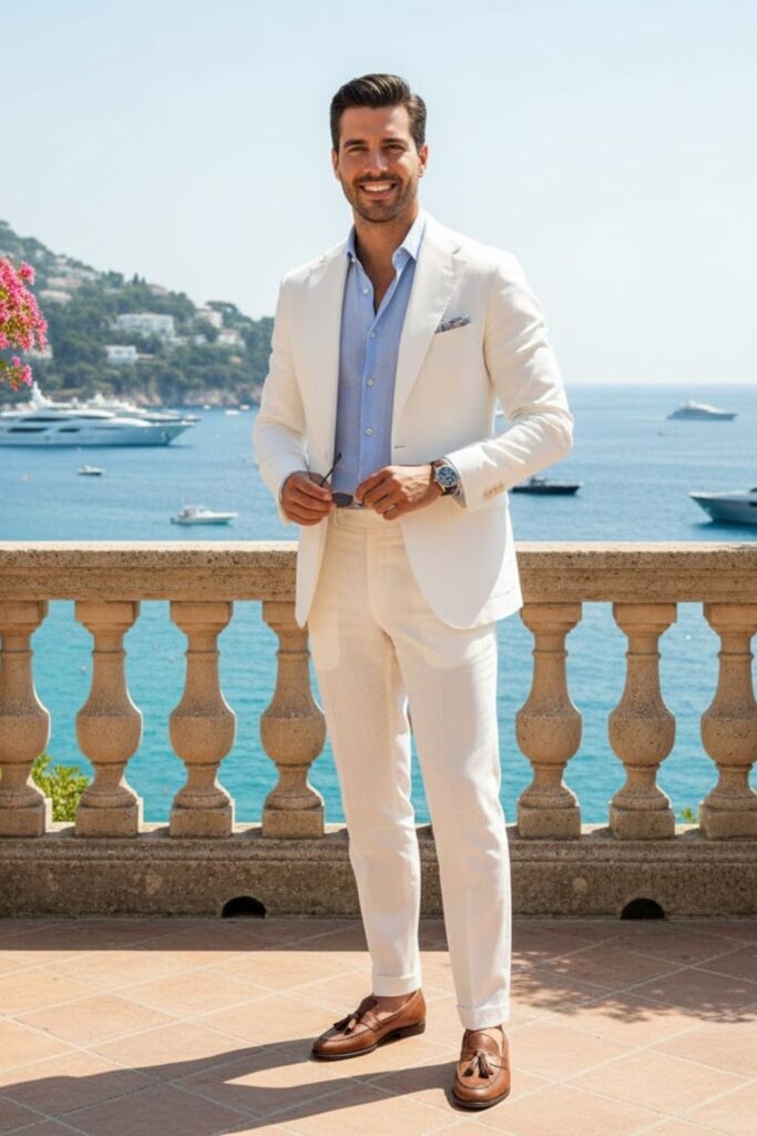16. White Linen Suit with Blue Shirt