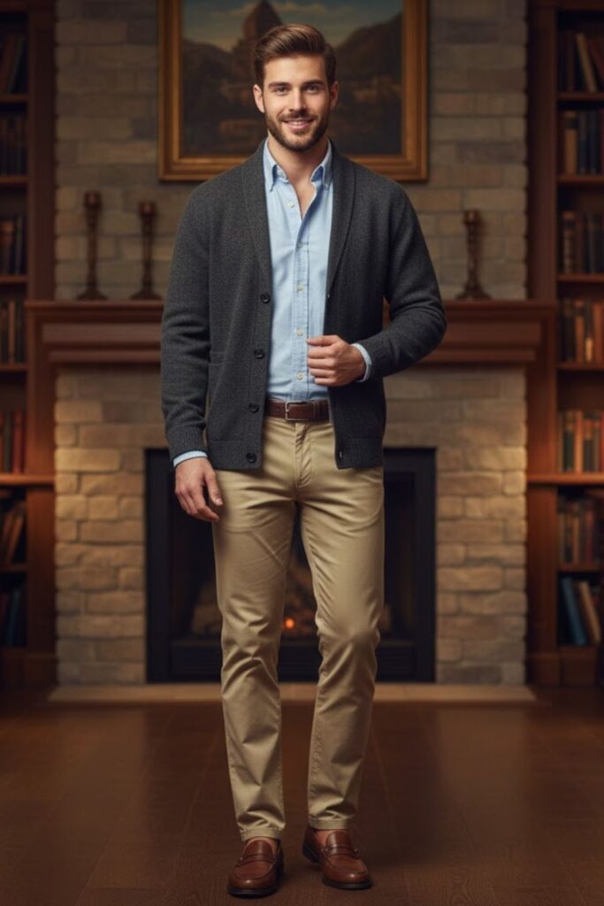 16. Wool Cardigan with Oxford Shirt and Chinos