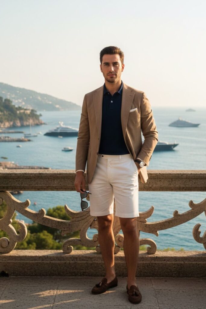 17. Light Brown Blazer with Polo and White Shorts