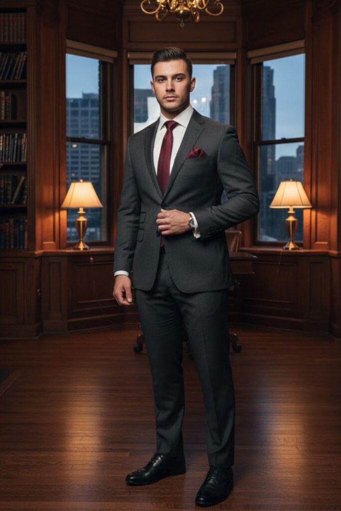 17. The Charcoal Suit with Burgundy Accents