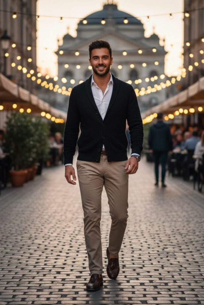 2. Black Cardigan with White Shirt and Chinos