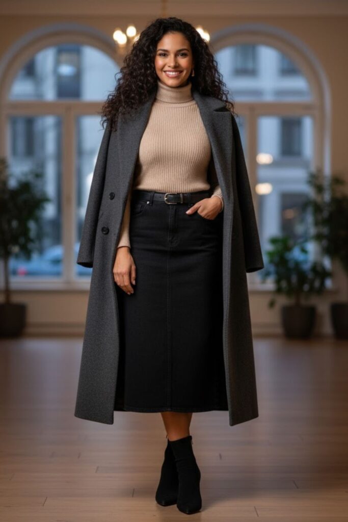 2. Black Denim Midi Skirt with Turtleneck and Long Coat