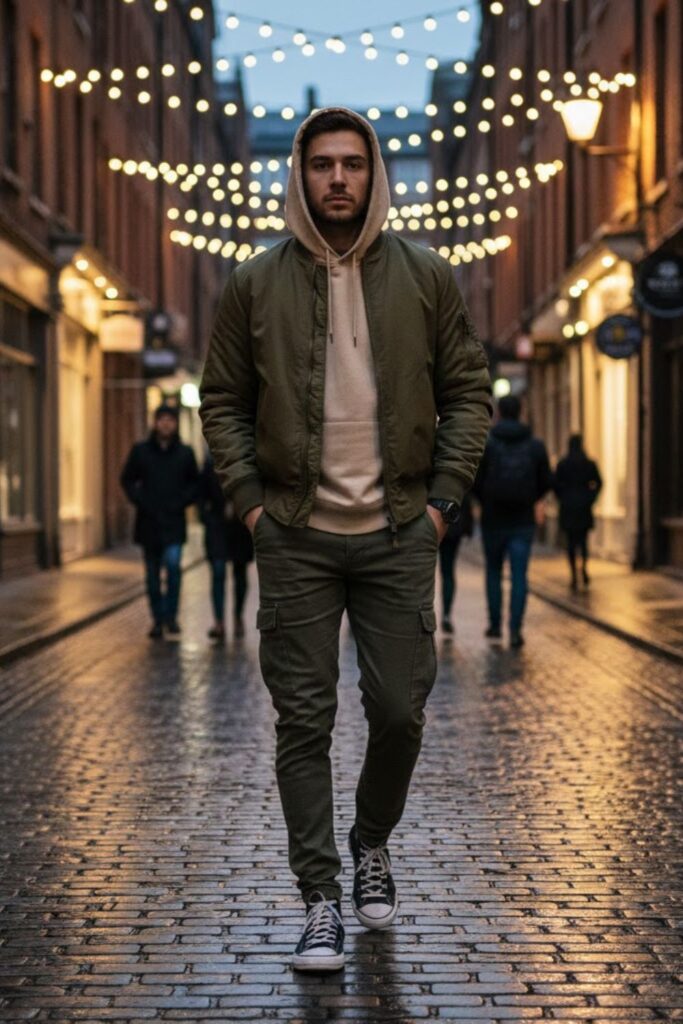 2. Black High-Tops with Cargo Pants and Hoodie