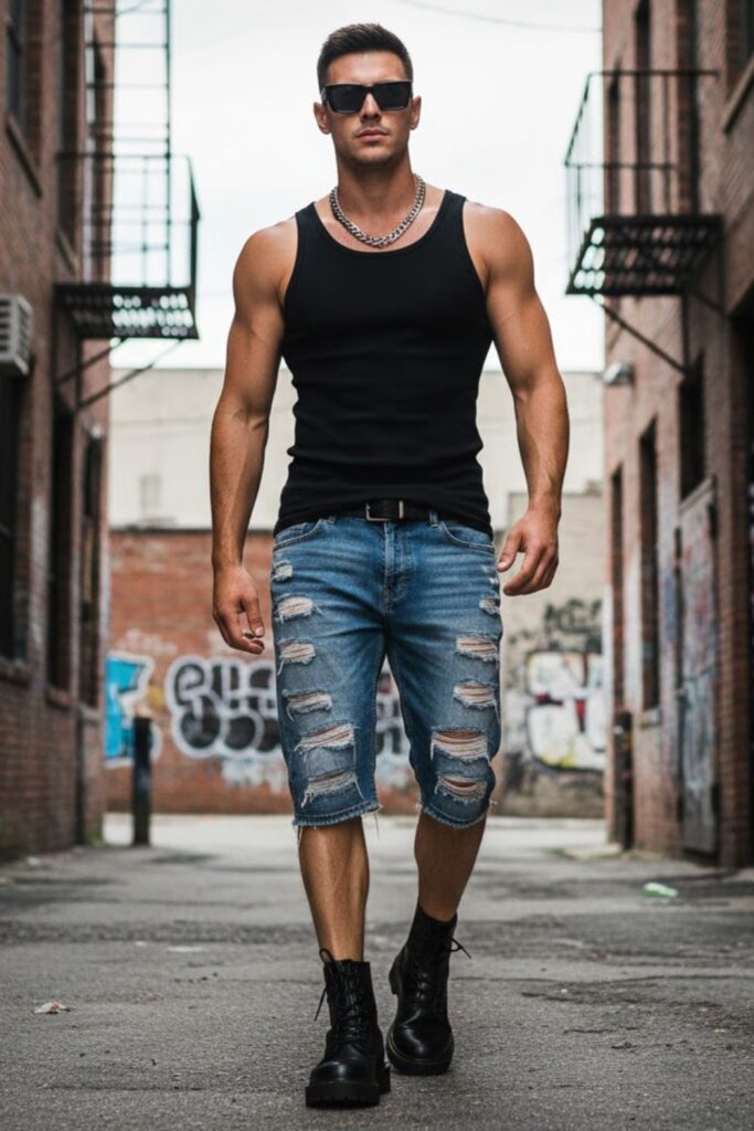 2. Black Tank Top with Distressed Jorts