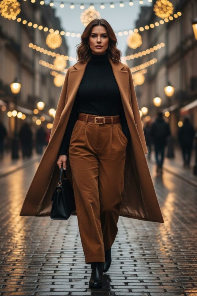 2. Brown Corduroy Pants with a Black Turtleneck and Overcoat