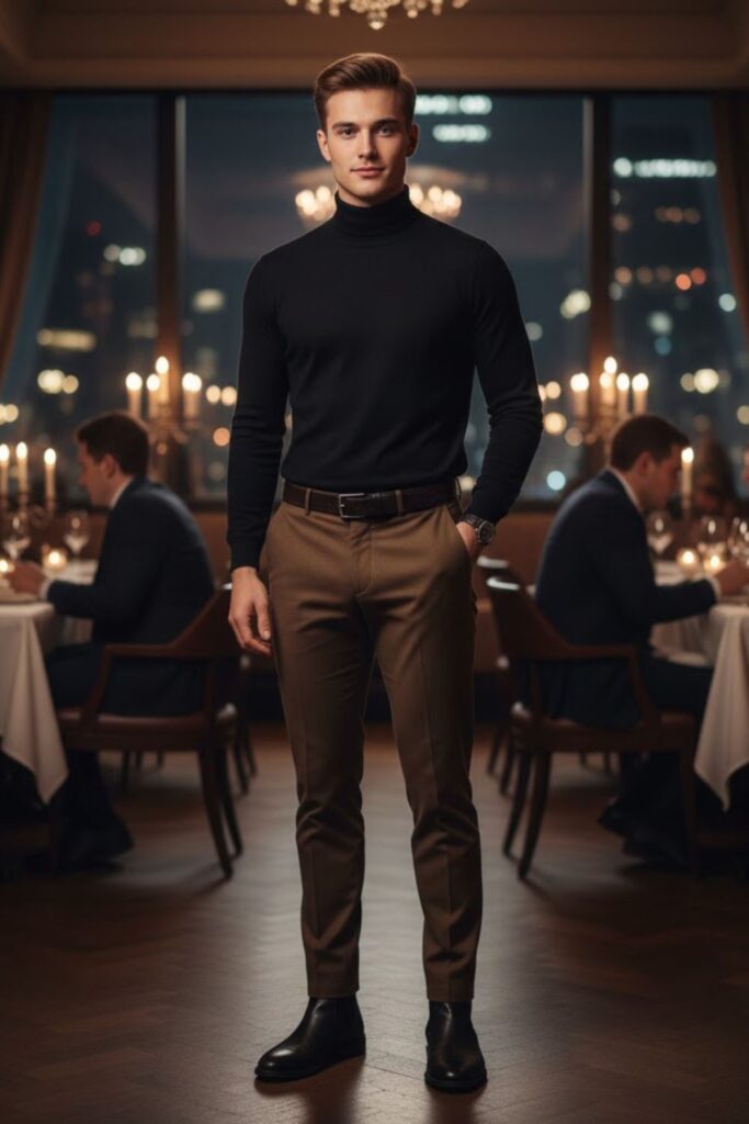 2. Brown Pants with Black Turtleneck