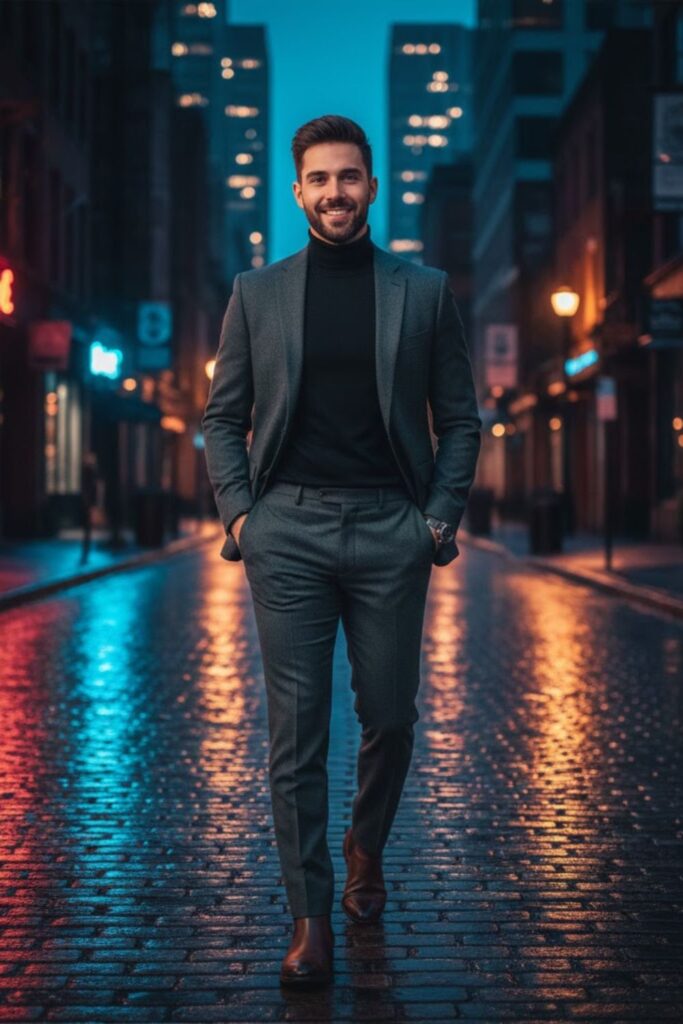 2. Charcoal Suit with Turtleneck Sweater