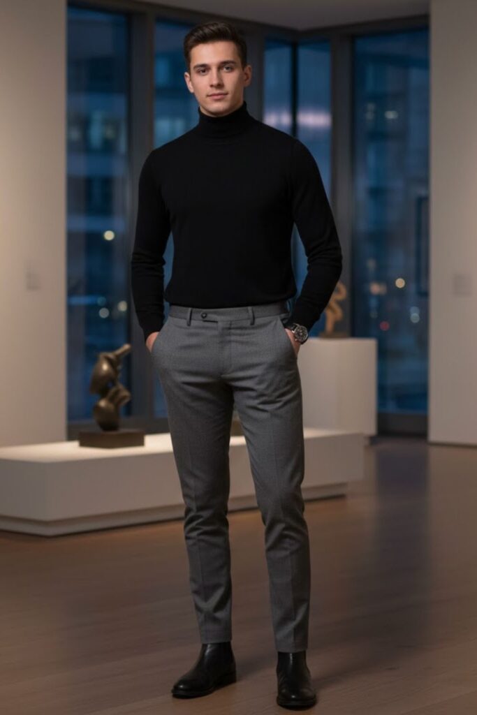 2. Grey Slim-Fit Pants with Black Turtleneck