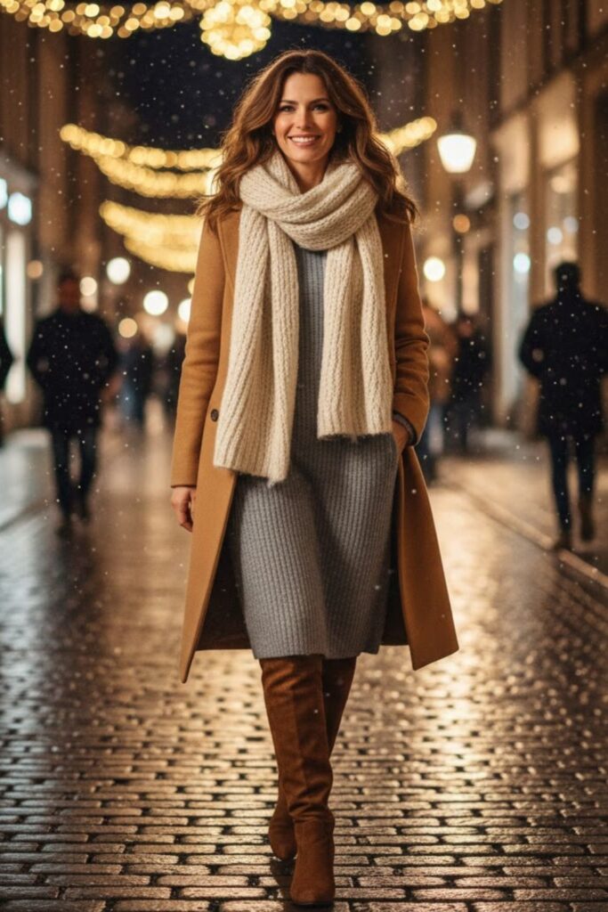 2. Grey Sweater Dress with Camel Coat and Knee-High Boots