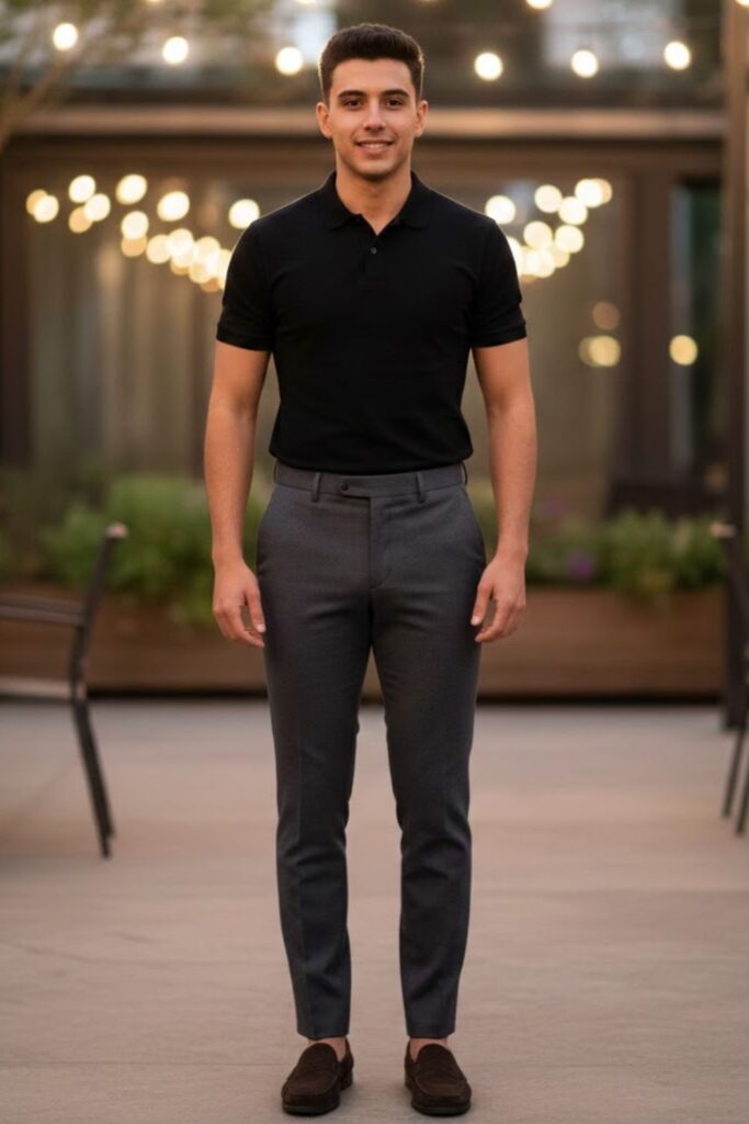 2. Grey Trousers with Black Polo and Loafers