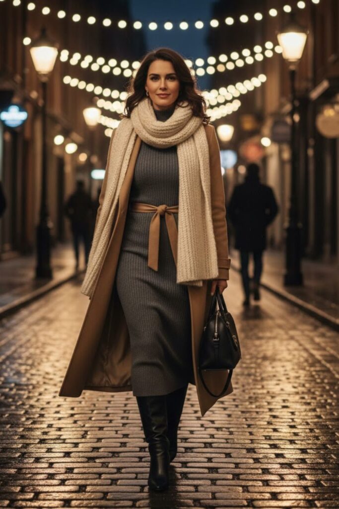 2. High Neck Knit Dress with Knee-High Boots
