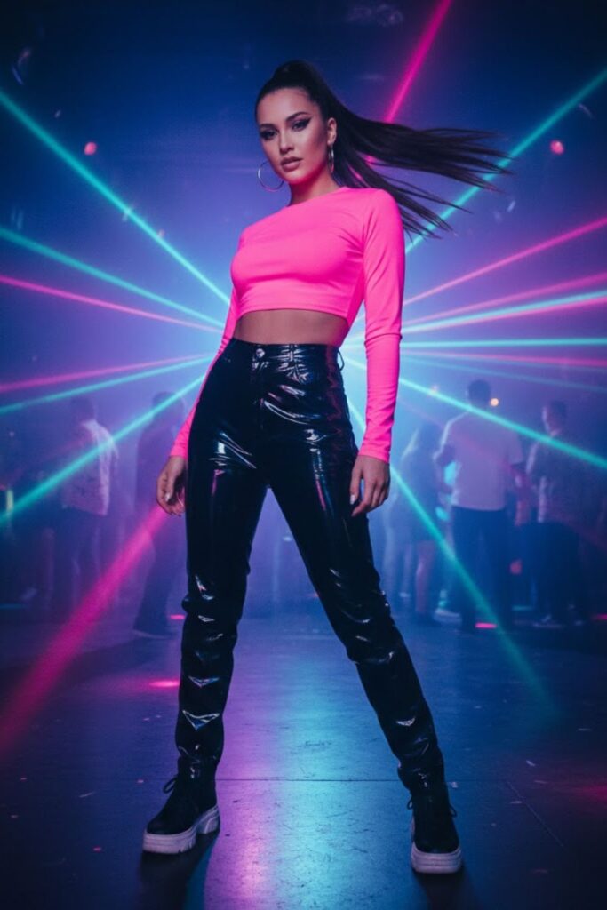 2. Hot Pink Crop Top with Black Vinyl Pants