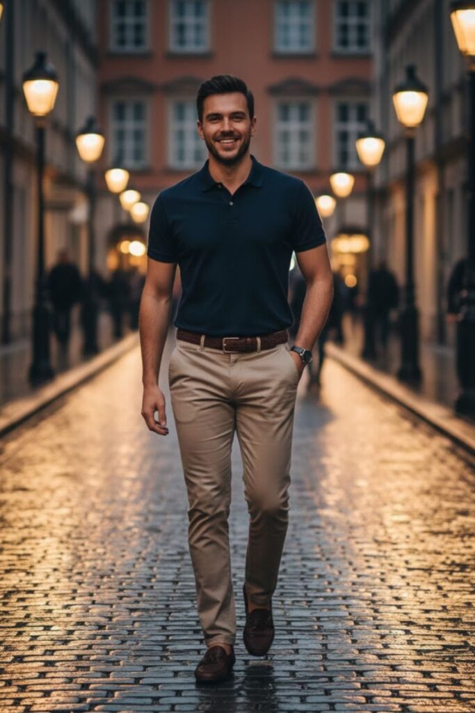 2. Khaki Pants with a Navy Polo Shirt