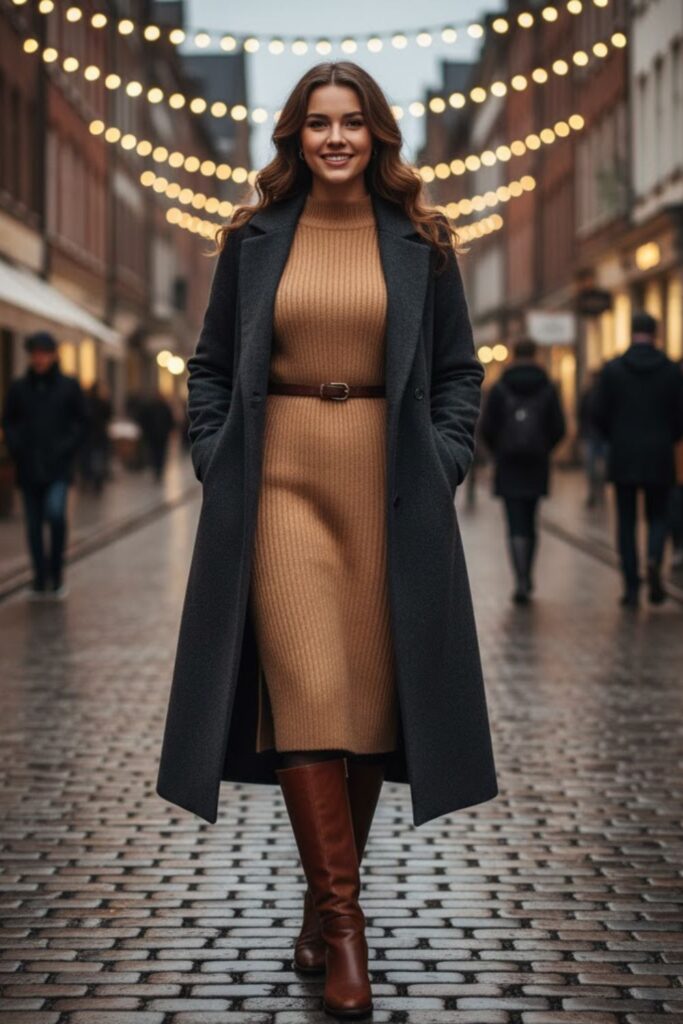 2. Knit Dress with Belt and Knee-High Boots