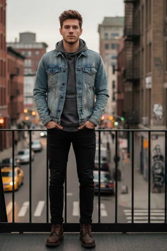 2. Layered Hoodie Under Denim Jacket