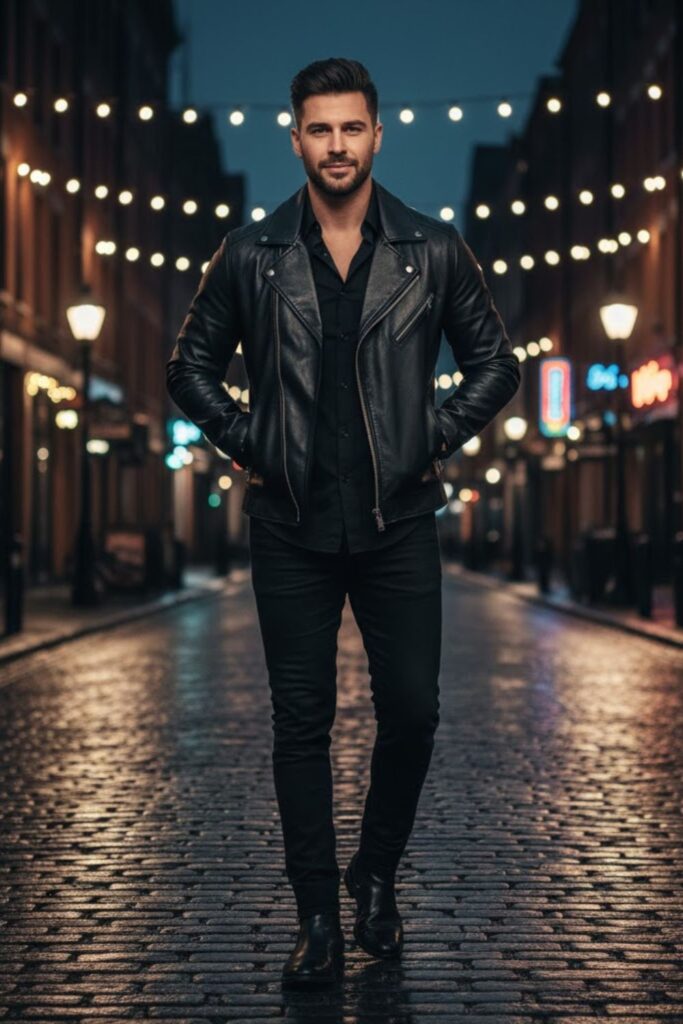 2. Leather Jacket with Black Jeans
