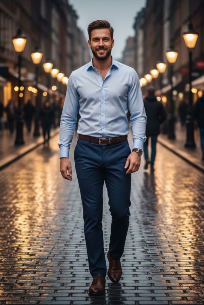 2. Light Blue Shirt with Navy Trousers
