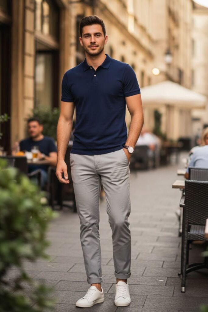 2. Light Grey Chinos with Navy Polo Shirt