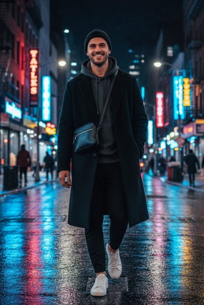 2. Oversized Wool Coat with Joggers and Sneakers