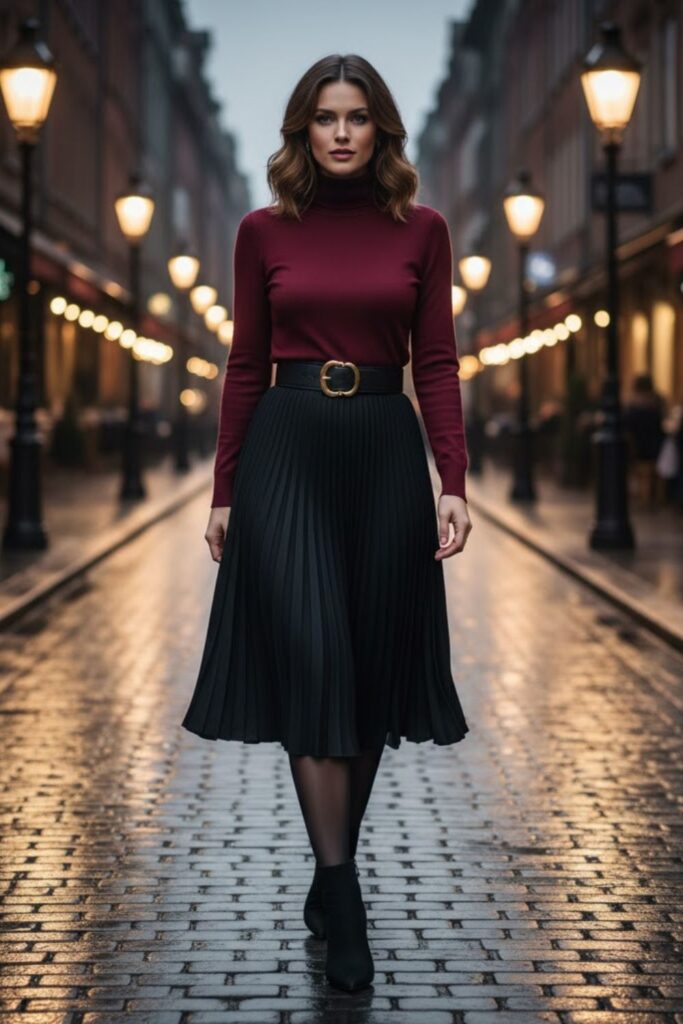 2. Pleated Black Skirt with Turtleneck and Belt