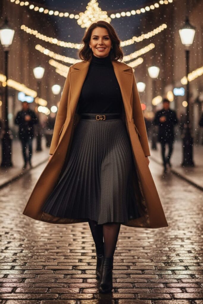 2. Pleated Grey Midi Skirt with Turtleneck and Belted Coat