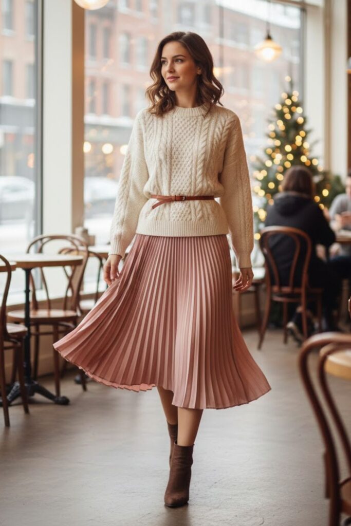 2. Pleated Skirt with Ankle Boots and Sweater